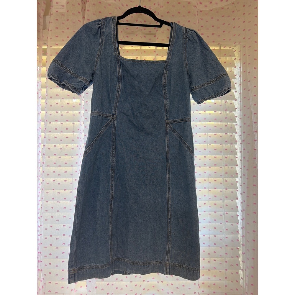 Joie Denim Mini Dress Medium Wash Square Neck Puff Sleeve Smocked Back Size M